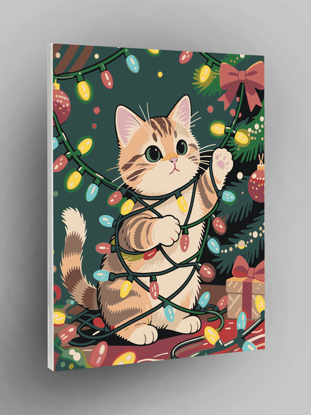 Картина по номерам "Кот с гирляндой", Новый год, Зима, 40×50 см, раскраска на холсте, набор для рисования