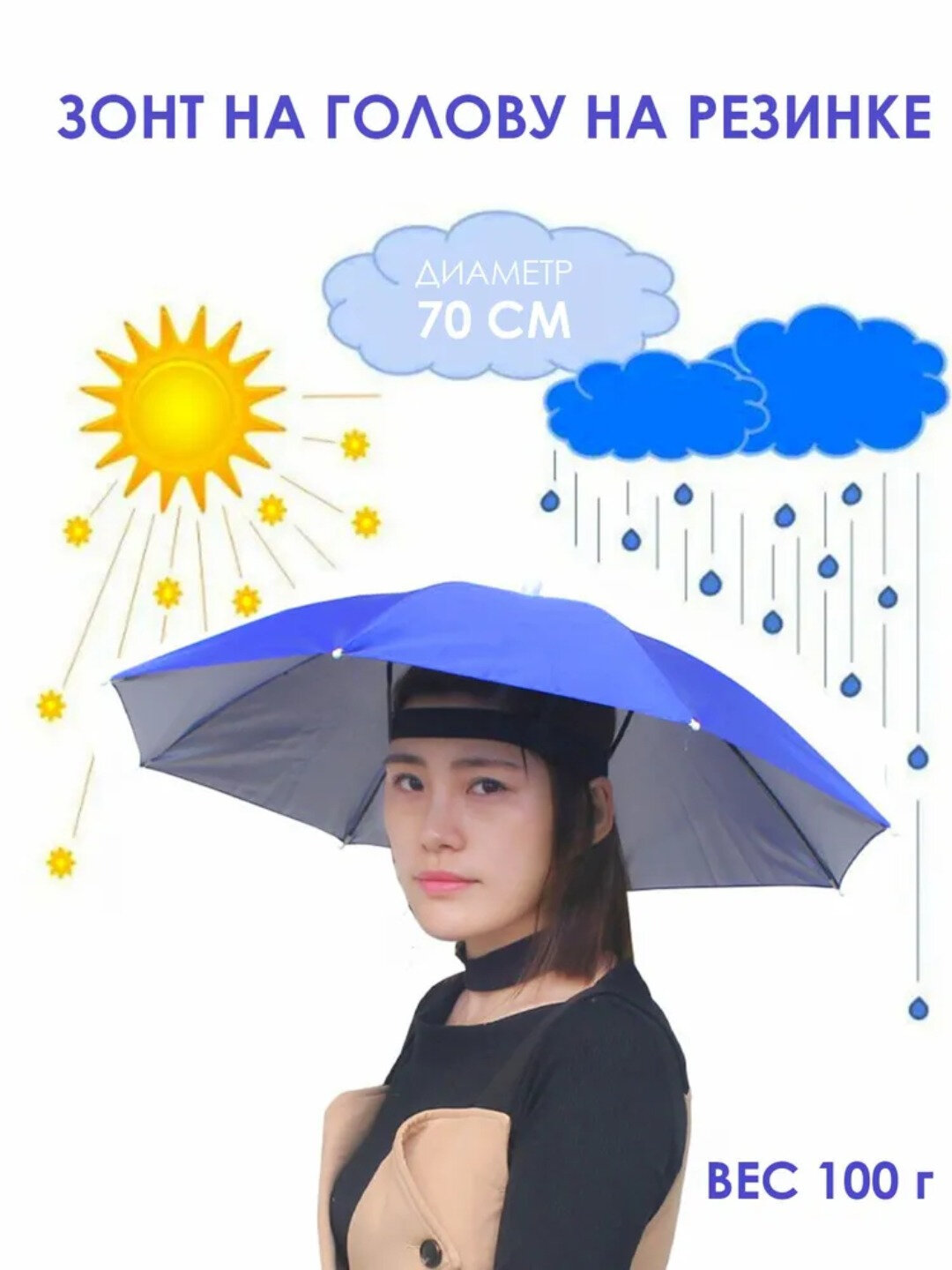 Универсальный зонтик-шляпа, свободные руки от солнца и дождя - Синий