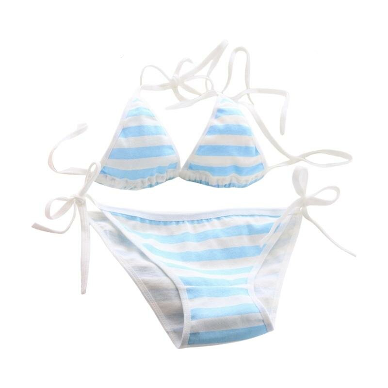 Женский полосатый бандо купальник с высоким вырезом, сине-белый широкий