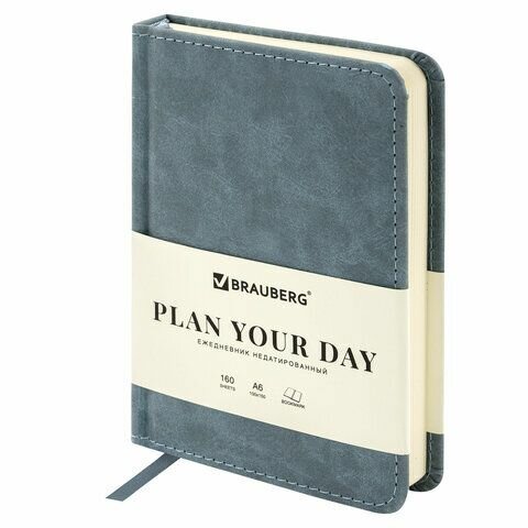 Ежедневник недатированный малый 100х150 мм А6 BRAUBERG "Status", под кожу, 160 л, серо-голубой, 113369