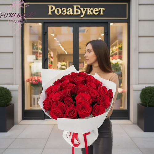 Изображение товара Букет цветов, Букет из красных роз 25 шт, красивый букет цветов, шикарный, премиум букет, долгий букет