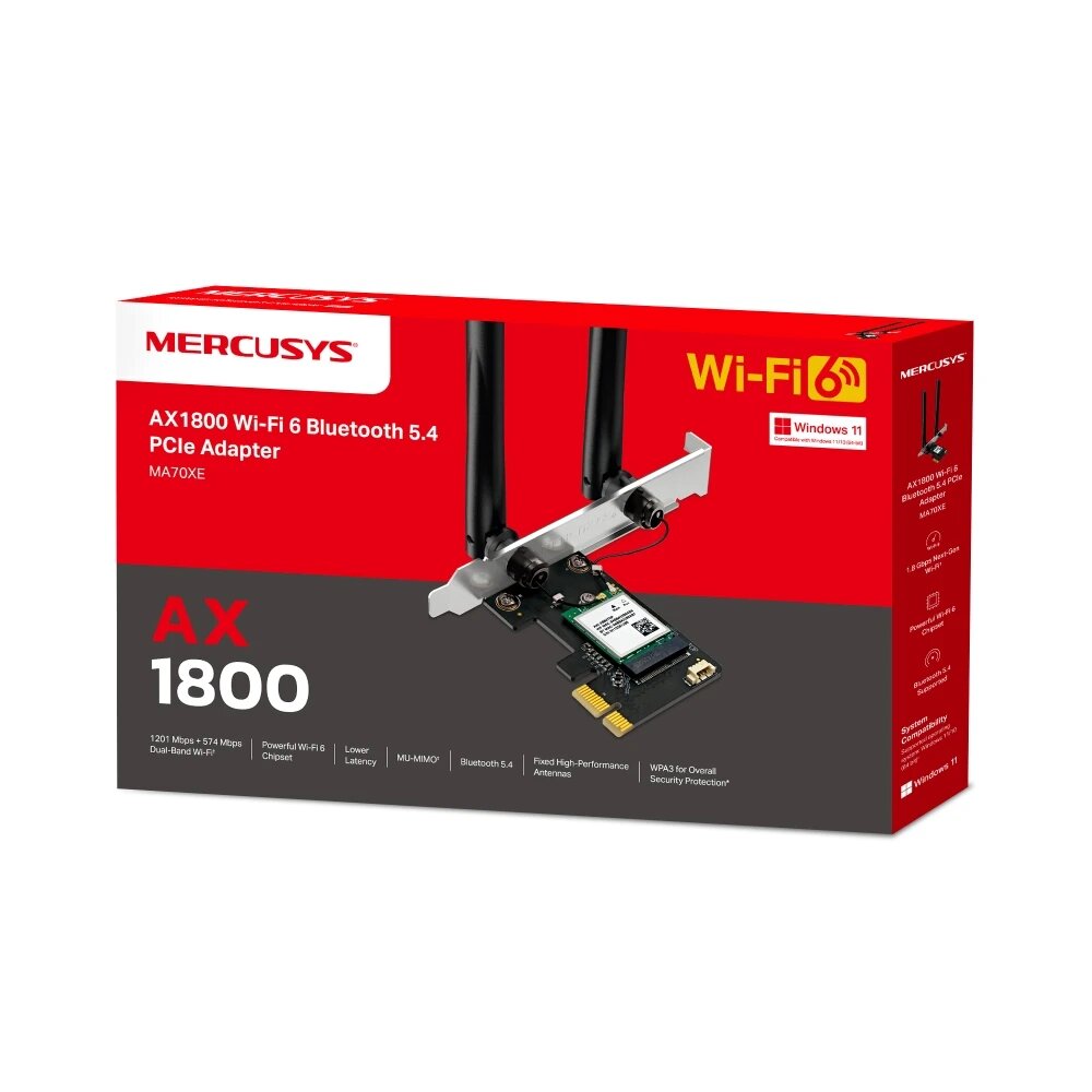 Wi-Fi 6 PCI-E адаптер Mercusys MA70XE AX1800 с Bluetooth 5.4, до 1775 Мбит/с, MU-MIMO, WPA3 — фото 1