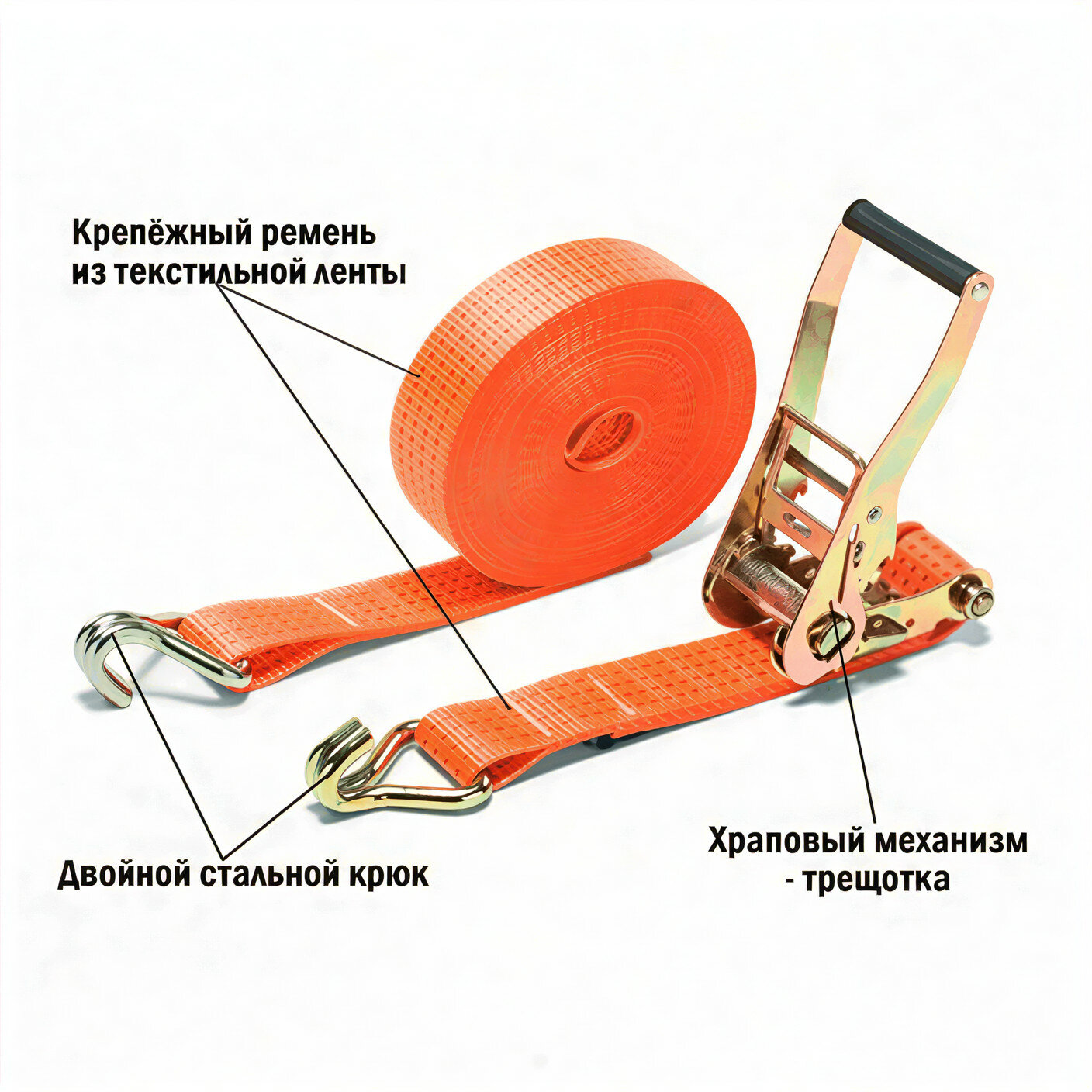 Ремень стяжной, с храповиком, кольцевой, 1 т, 10 м, 50мм, с крюками