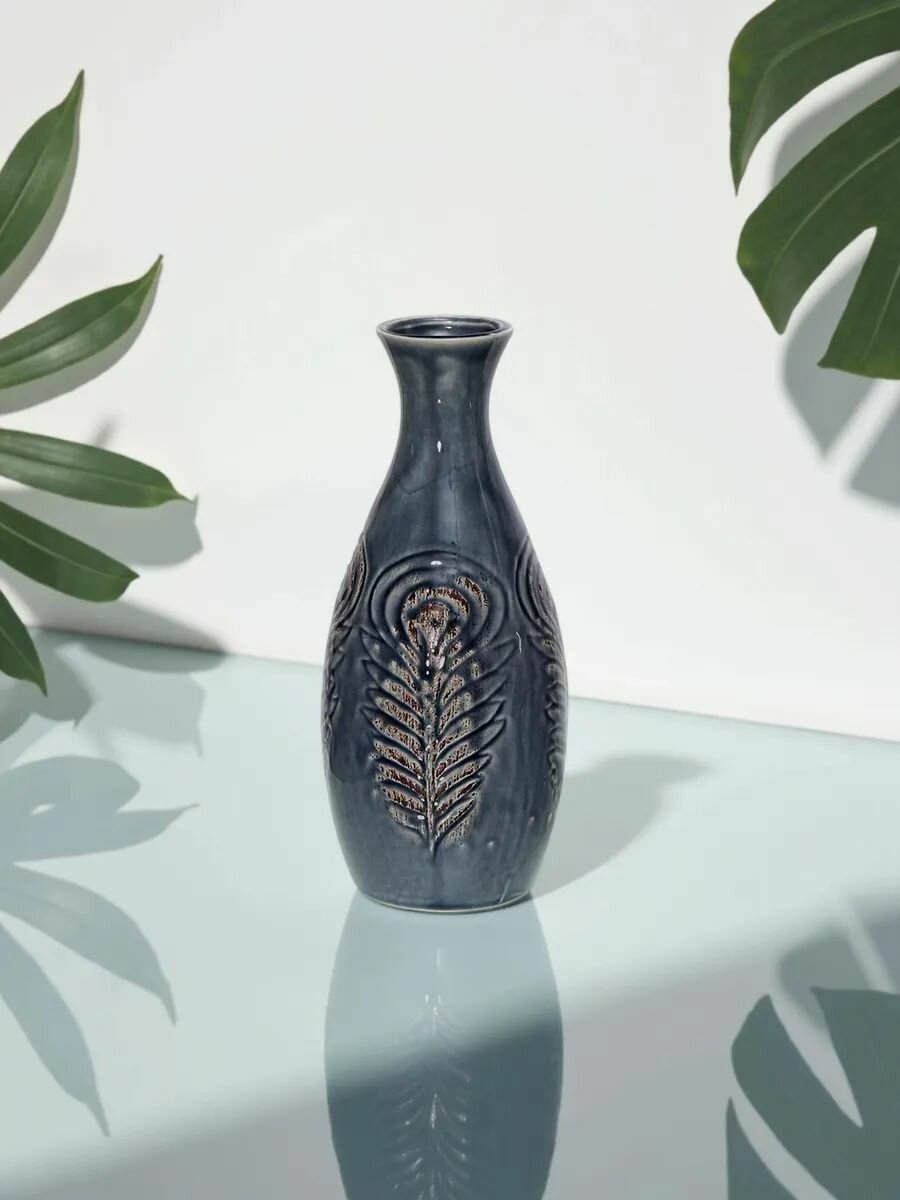 Ваза керамическая настольная, размер 10*10*22см, серо-голубой — фото 1