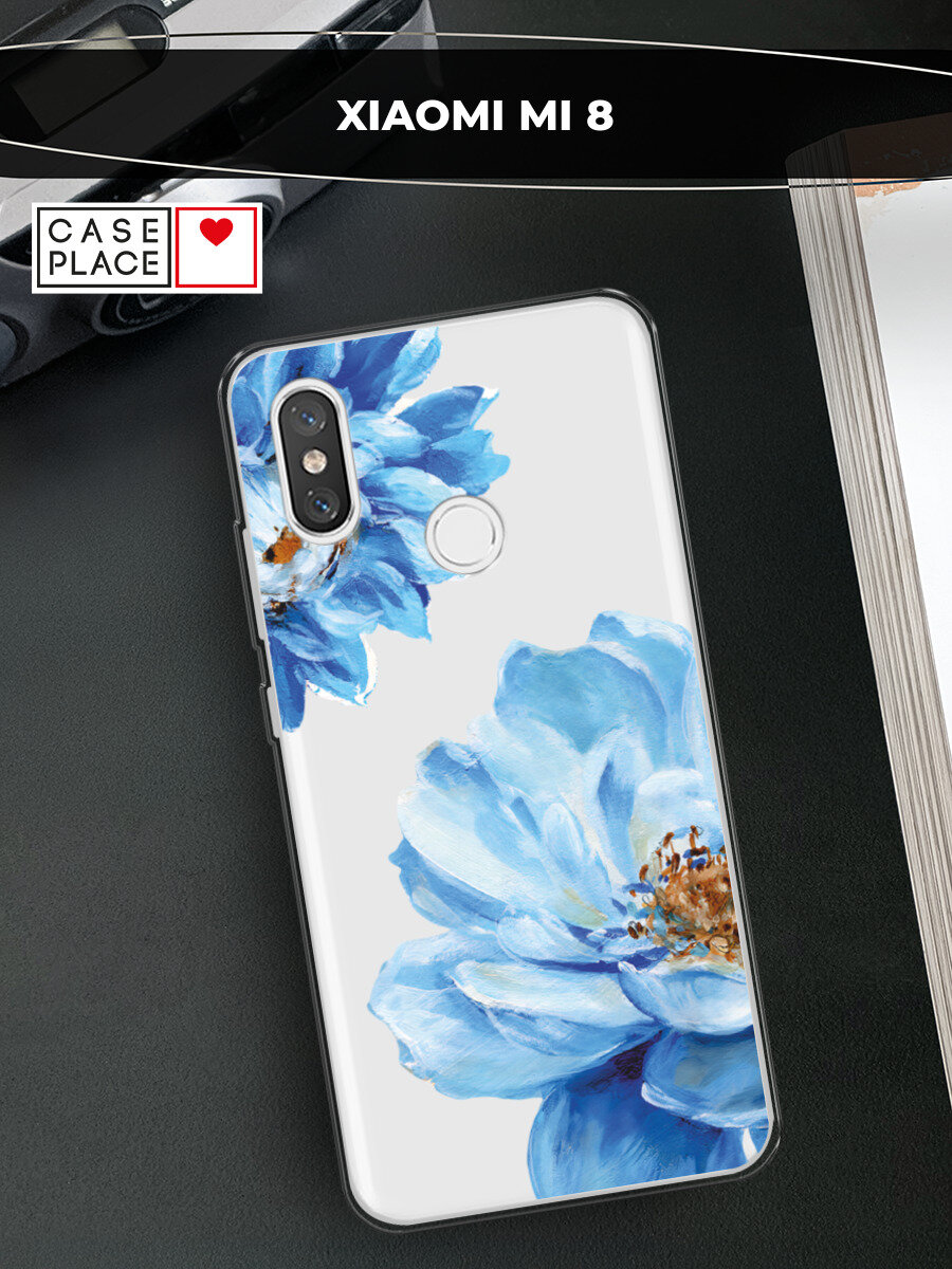 Чехол на Xiaomi Mi 8 / Сяоми Ми 8 с принтом Голубые клематисы, прозрачный