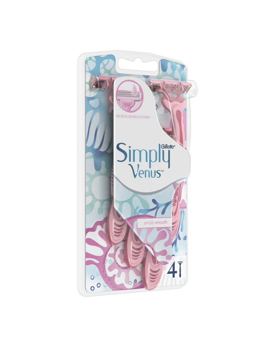 Venus Simply 3 бритвенный станок, 4 шт, с 4 сменными лезвиями в комплекте — фото 1