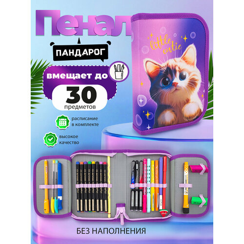 Пенал школьный ПАНДАРОГ жесткий фиолетовый котик без наполнения 549₽