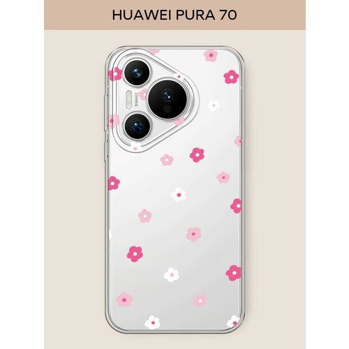 Силиконовый чехол "Весенние цветочки рисунок" на Huawei Pura 70 / Хуавей Пура 70, прозрачный бесцветный, розовый, белый