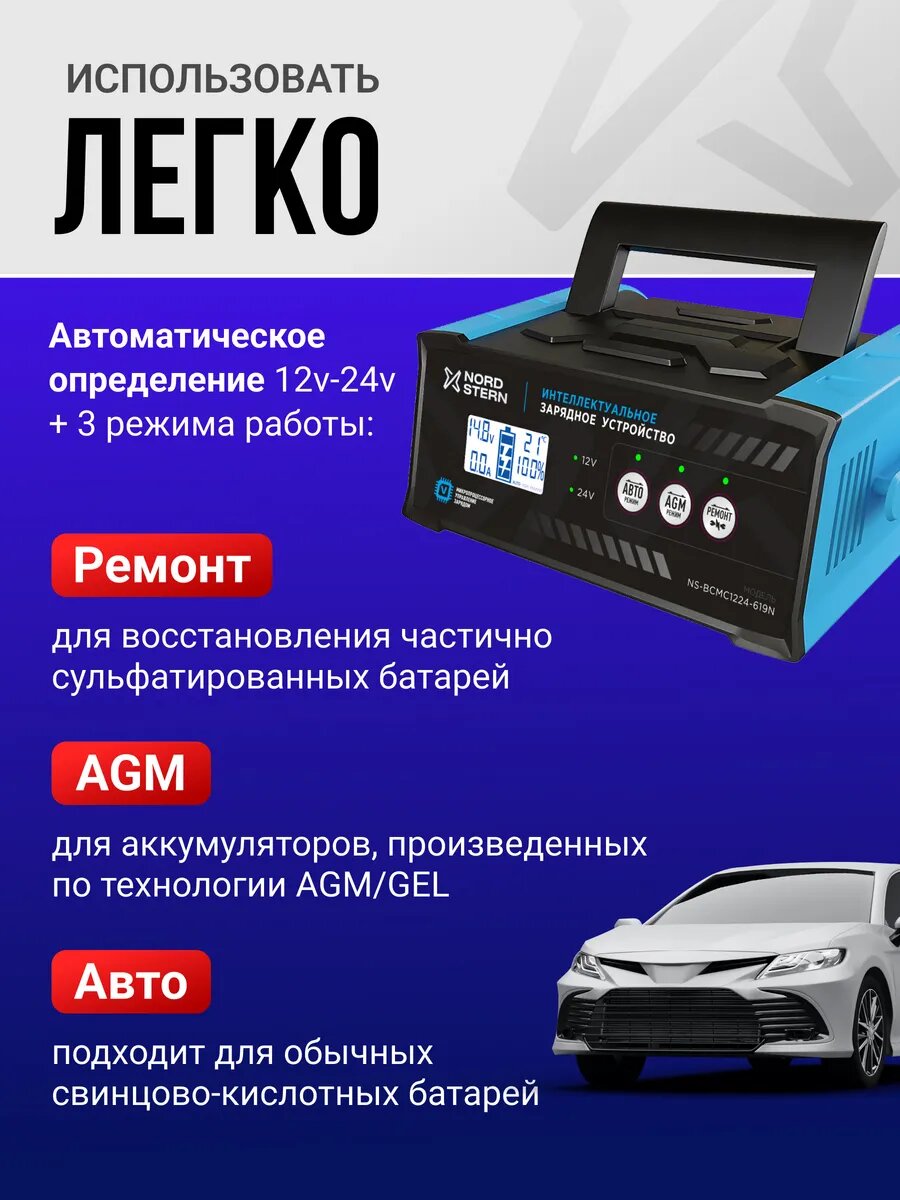 Зарядное устройство для аккумулятора автомобиля 12В, 24В — фото 1