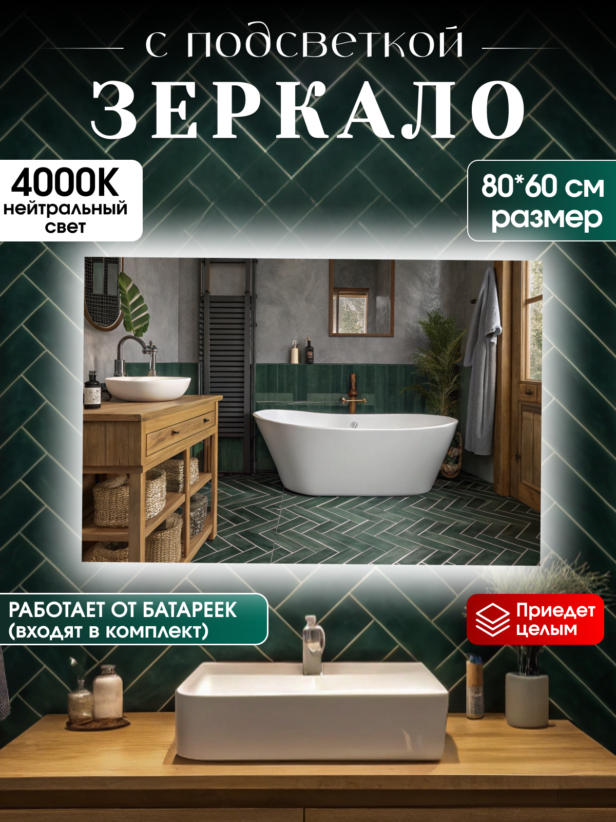 Зеркало настенное с подсветкой на батарейках в ванную прихожую 80*60см, свет 4000К