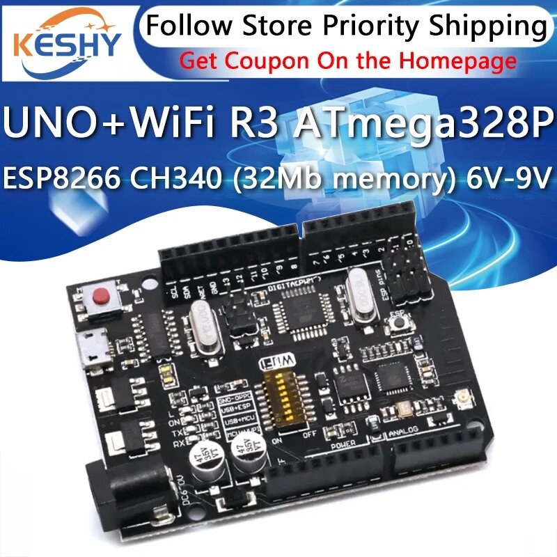 UNO + Wi-Fi R3 ATmega328P + ESP8266 CH340 (32 МБ памяти) 6 В-9 В USB-TTL CH340G для Arduino NodeMCU WeMos One макетная плата