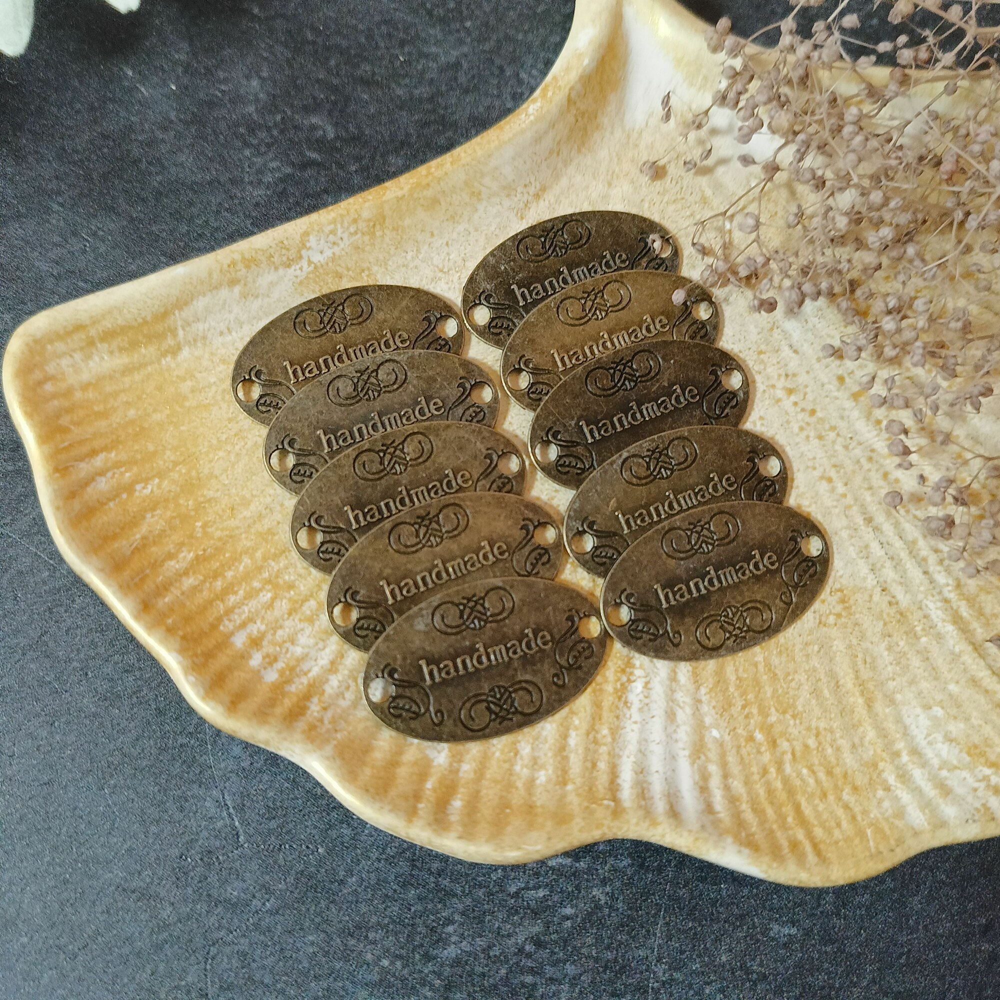 Бирки металлические Hand Made Ручная работа 32*19мм 10шт античная бронза