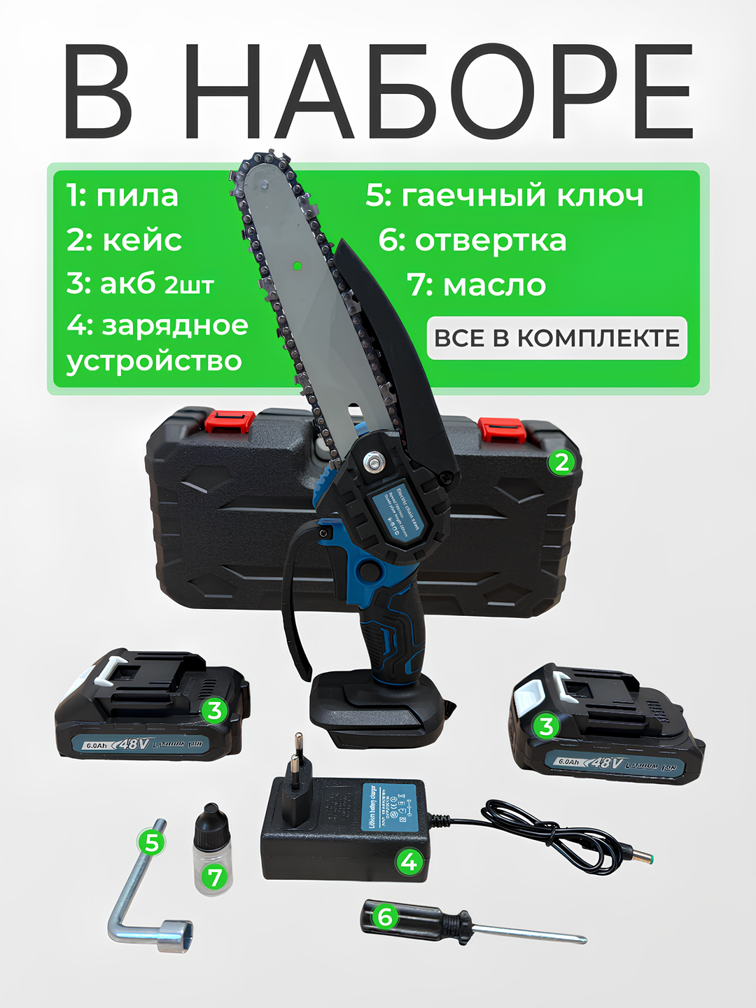 Аккумуляторная мини цепная пила : 48 В с двумя аккумуляторами и кейсом