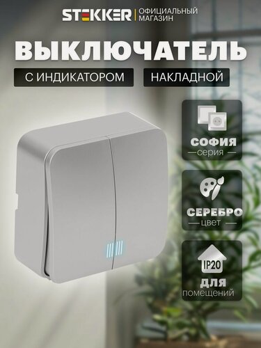 Изображение товара Выключатель двухклавишный накладной с подсветкой, серебро, Stekker MSW10-21-03 София 49298