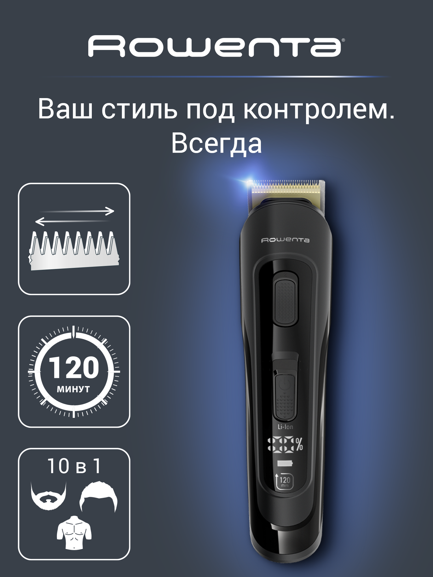 Мультитриммер беспроводной Rowenta TN9461F4, 120 минут автономной работы, водонепроницаемый, 12 в 1