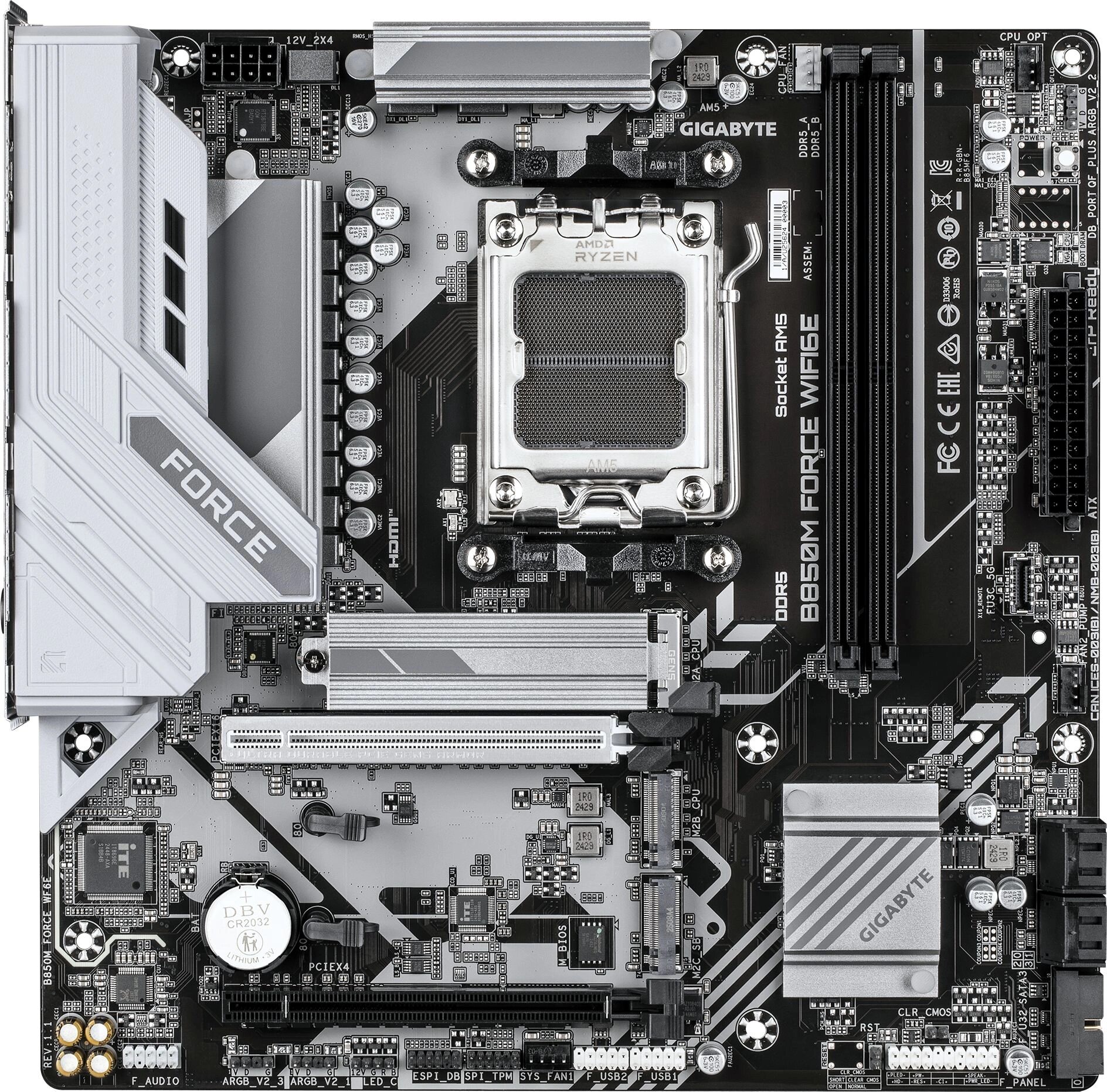 GIGABYTE Материнская плата Gigabyte B850M FORCE WF6E SocketAM5 AMD B850 2xDDR5 mATX AC`97 8ch(7.1) 2.5Gg RAID+HDMI+DP B850M FORCE WF6E
