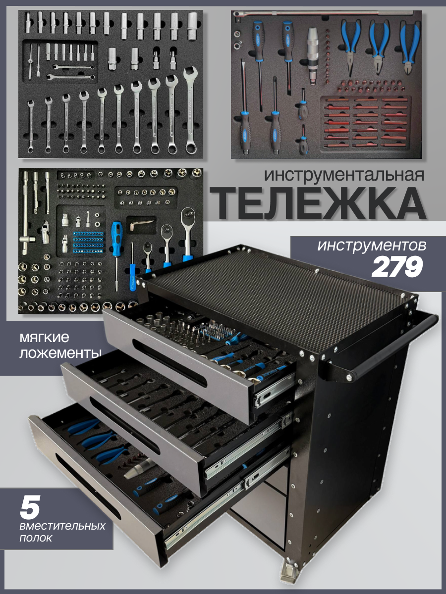 Тележка инструментальная с инструментом Forsage 279 предметов в Мягких ложементах, серый
