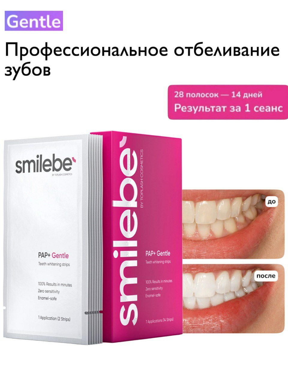 Smilebe PAP+ Gentle отбеливающие полоски — бережное отбеливание, 28 штук