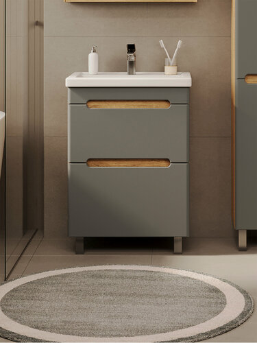 Изображение товара Тумба напольная Vannika Canto 60 с раковиной Фостер 60 для ванной комнаты, дуб вотан, графит софт