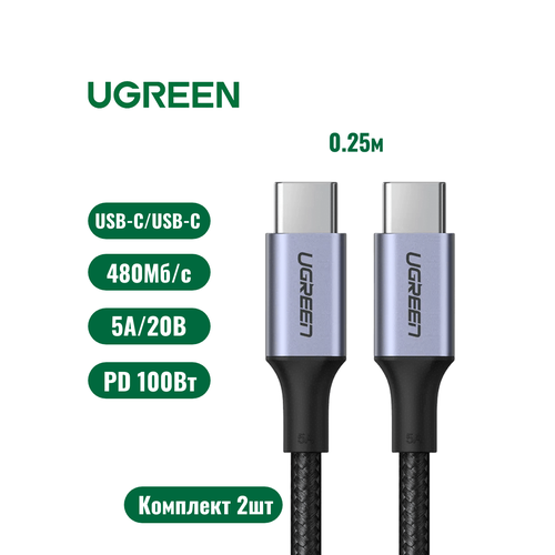Кабель UGREEN US316 (комплект 2шт) Type C to Type C 5A PD 100W в оплетке 0.25 м, цвет черный (15799P)