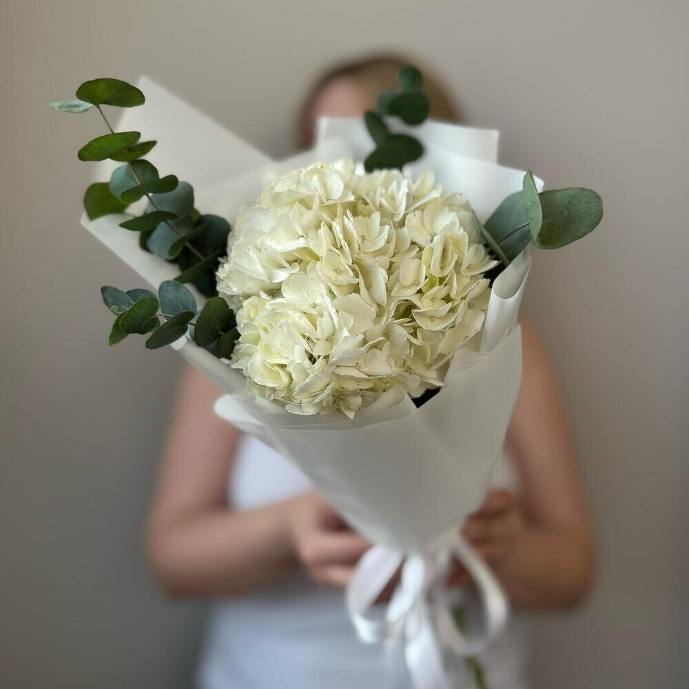 Букет из белой гортензии с эвкалиптом в матовой плёнке на 1 сентября