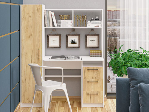 Изображение товара Стол письменный с пеналом и тумбой Пирамида Комфорта Фронда-11 белый /крафт золотой правый 3 ящика