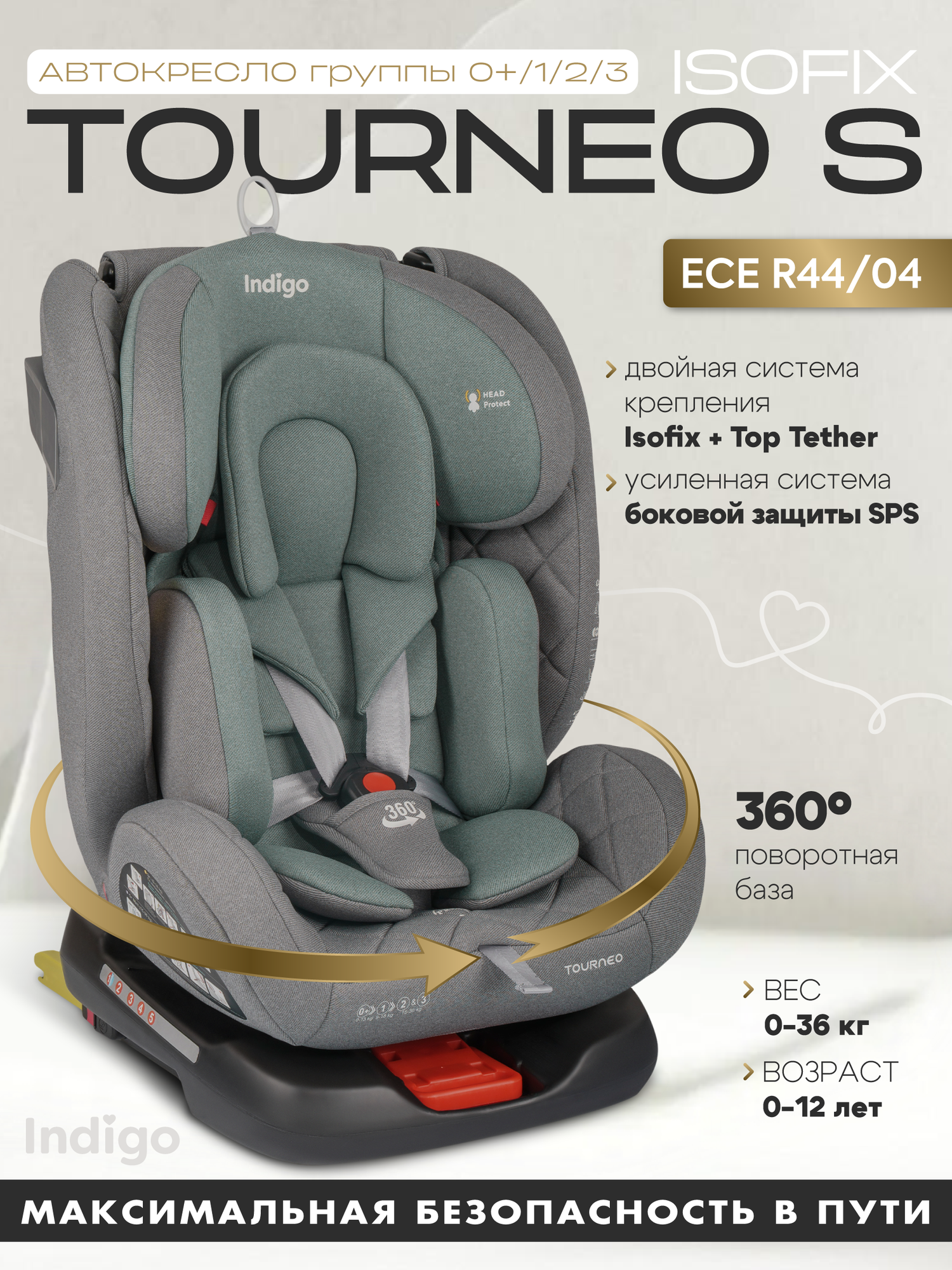 Детское автокресло Indigo Tourneo S Isofix группа 0/1/2/3 (до 36 кг) до 12 лет серый-зеленый
