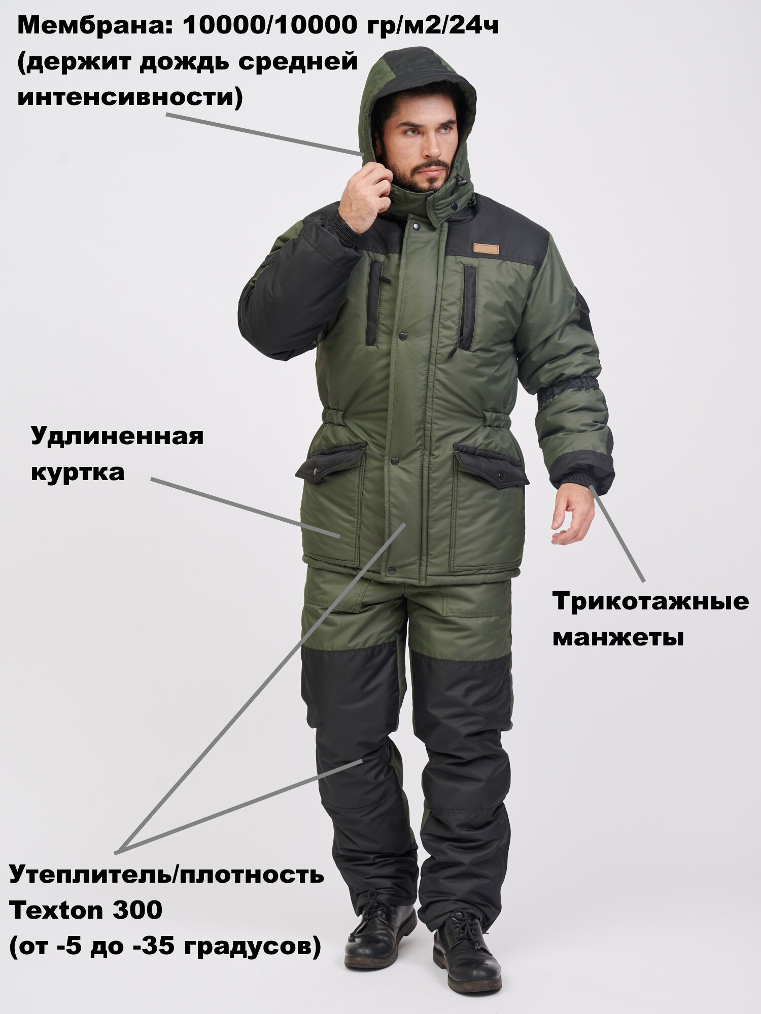 Костюм зимний утепленный для охоты для рыбалки KATRAN айсберг -35°С таслановый полукомбинезон, Темный хаки, Размер: 44-46 Рост: 170-176 — фото 1