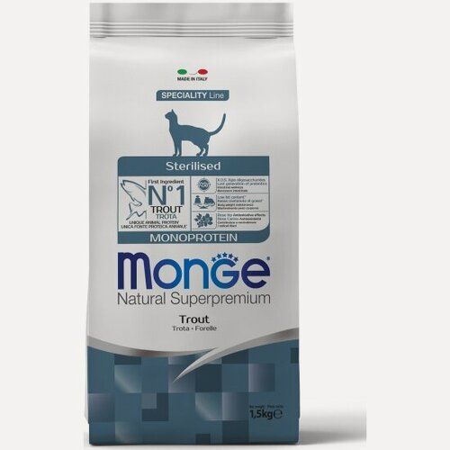 Изображение товара Сухой корм для стерилизованных кошек Monge Cat Monoprotein Sterilised Trout с форелью 1,5 кг