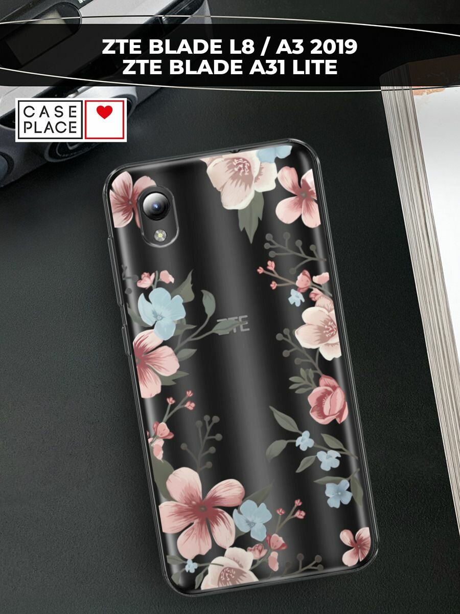 Чехол на ZTE Blade L8/A3 (2019)/A31 lite / ЗТЕ Блэйд L8/A3/A31 Лайт с принтом "Нежная рамка из цветов", прозрачный