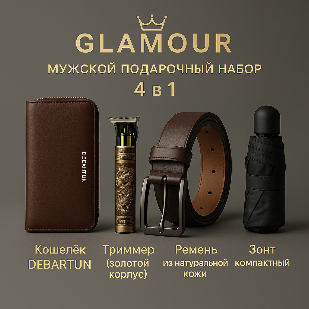 Подарочный набор GLAMOUR, 4 предмета, кошелёк, зонт, ремень, триммер — фото 1