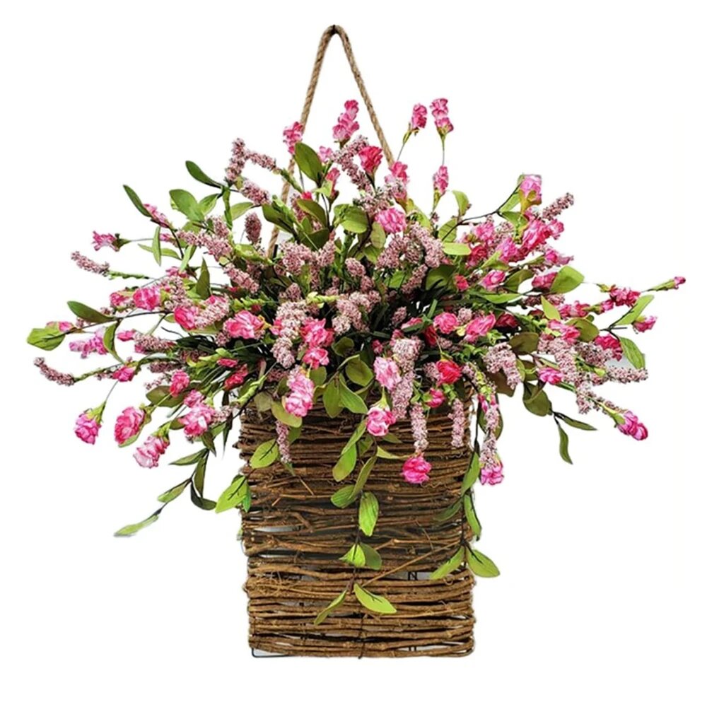 Искусственный венок из лозы с цветами розовый