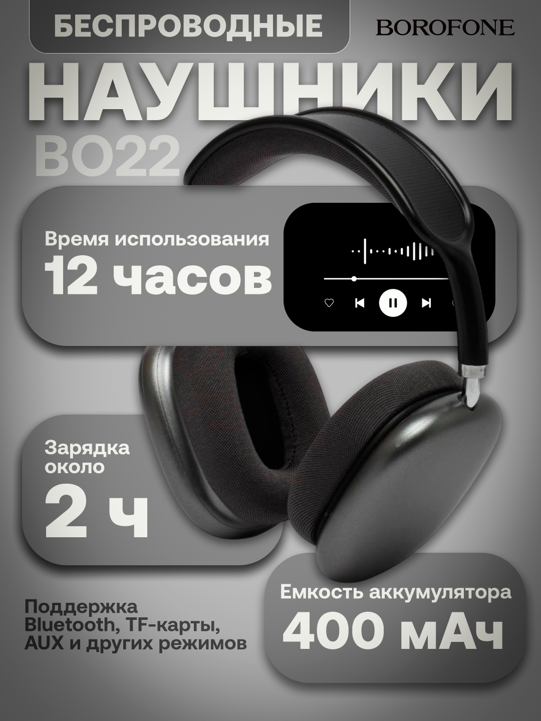 Беспроводные наушники Borofone BO22, полноразмерные, с микрофоном,400 мАч, 12 часов работы