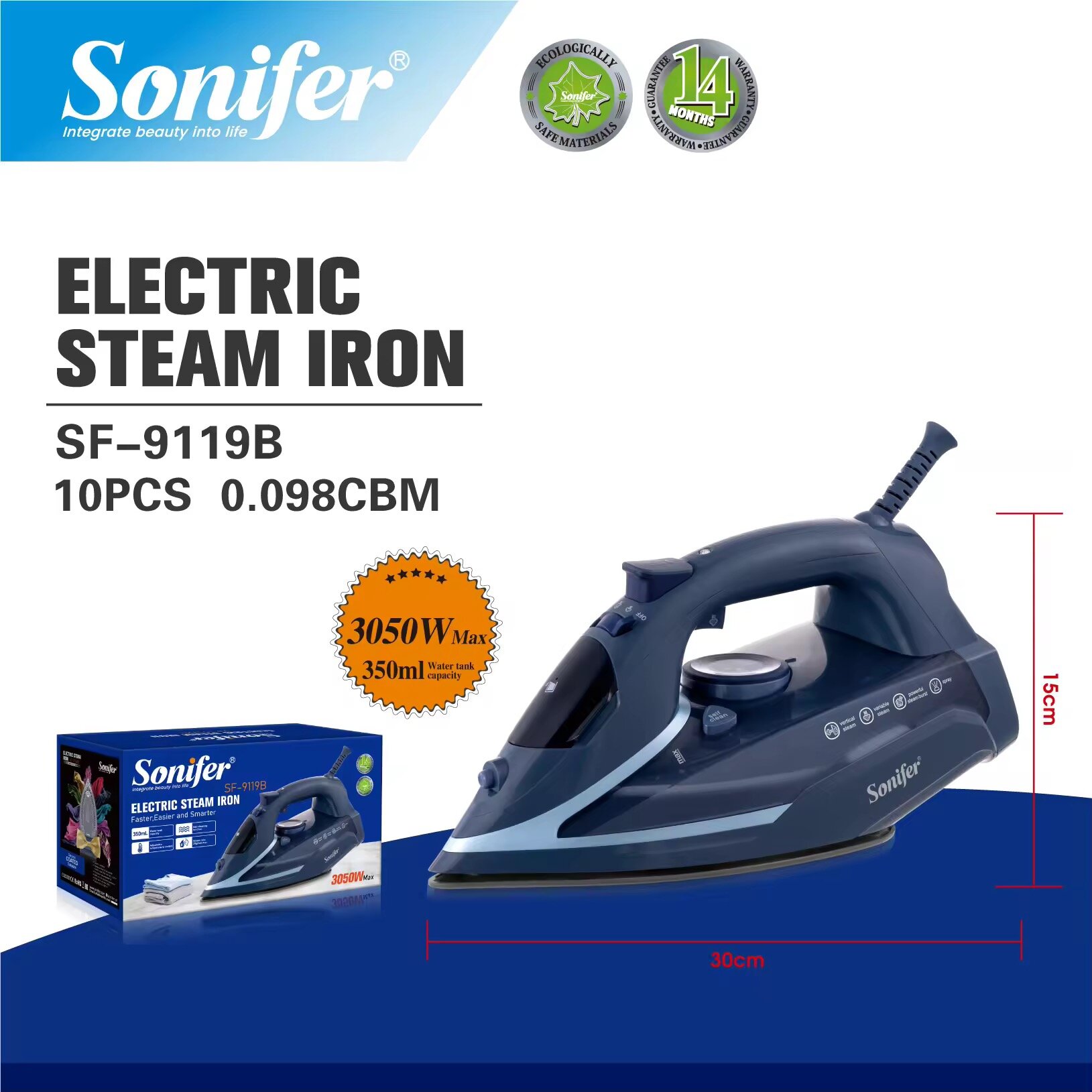 Утюг Sonifer SF-9119B, керамическая подошва, мощность 3050 Вт, объем резервуара 350 мл