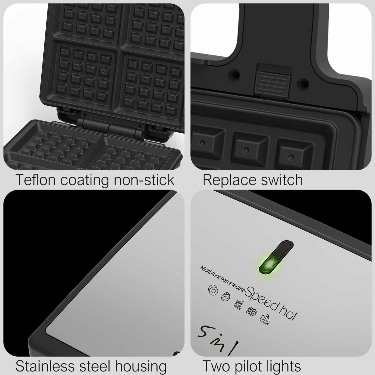 Многофункциональная электрическая сэндвичница Sonifer SF-6143 5-в-1 со сменными панелями для сэндвичей, вафель и гриля — фото 1