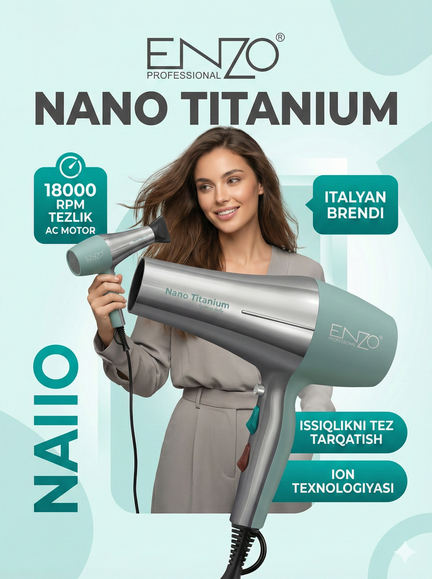 Профессиональный фен для волос ENZO PROFESSIONAL, для сушки и укладки с ионизацией