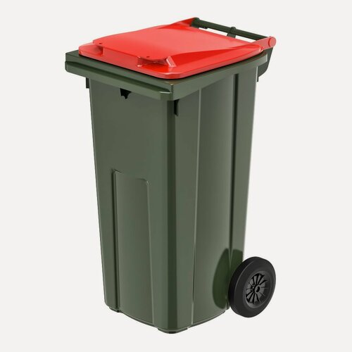 Изображение товара Контейнер для мусора 120 л на колесах, зеленый с красной крышкой