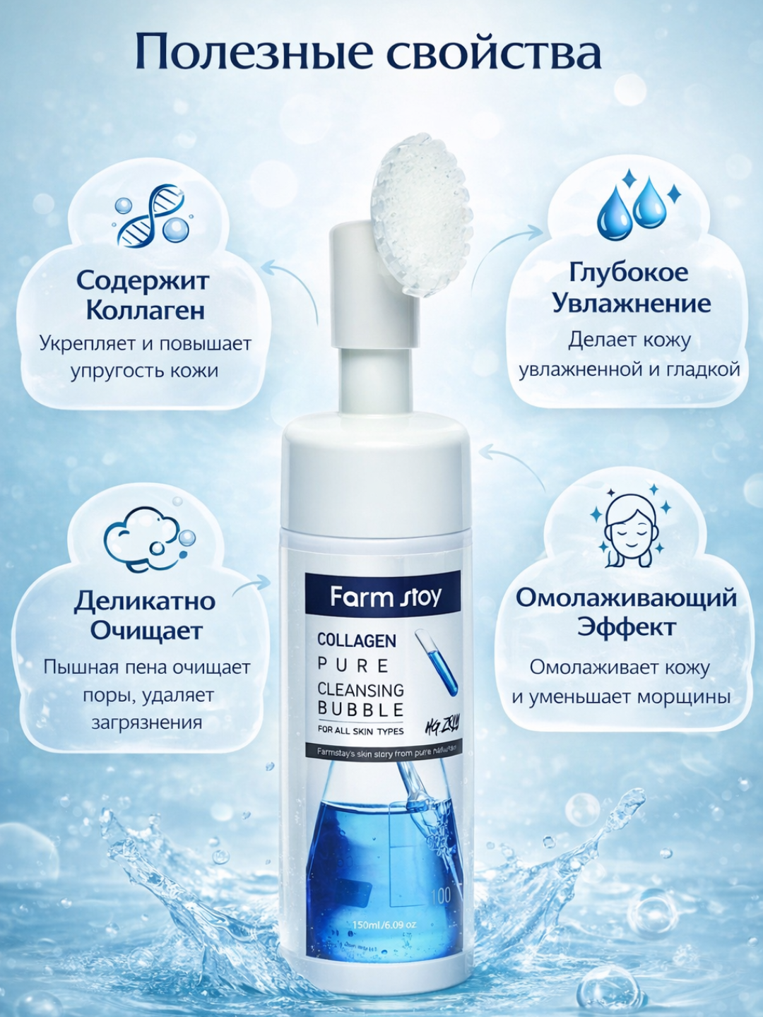 Пенка для умывания Farmstay Collagen Pure Cleansing Bubble с коллагеном, с кисточкой, 150 мл