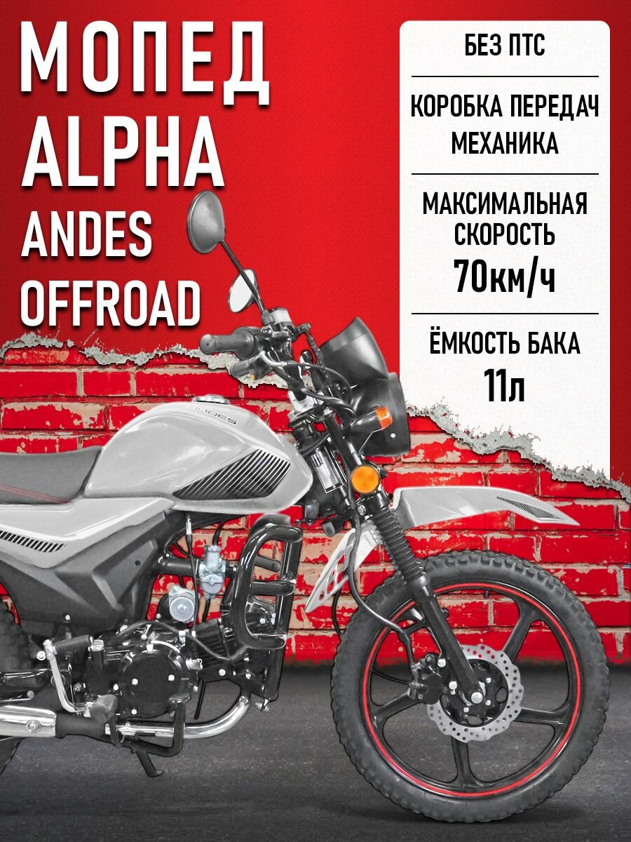 Мопед Alpha ANDES OFFROAD (Тюнинг)(багажник перед. и зад, литые диски) серебристый