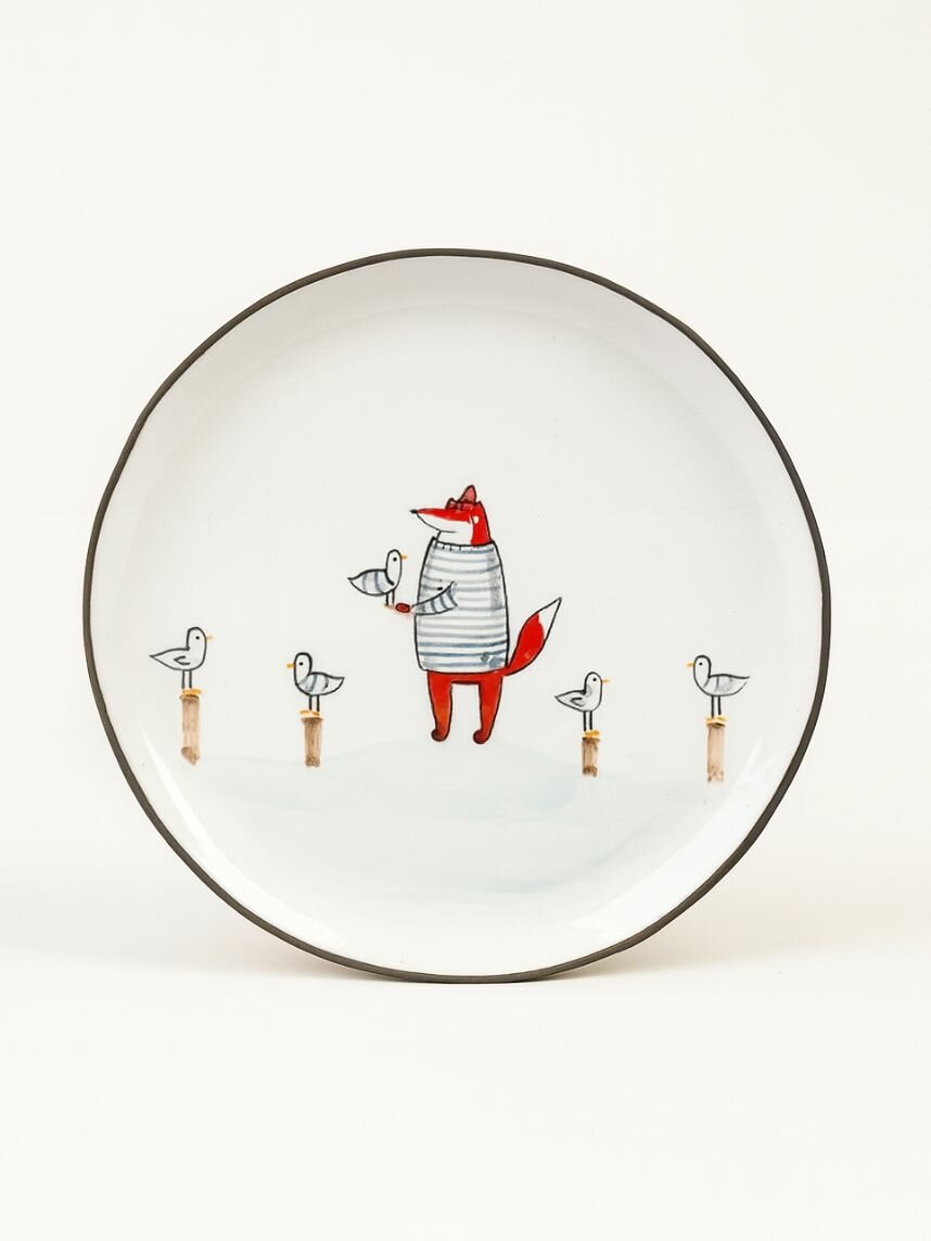 Тарелка ручной работы с бортиком Лис и чайки, белая, 21 см