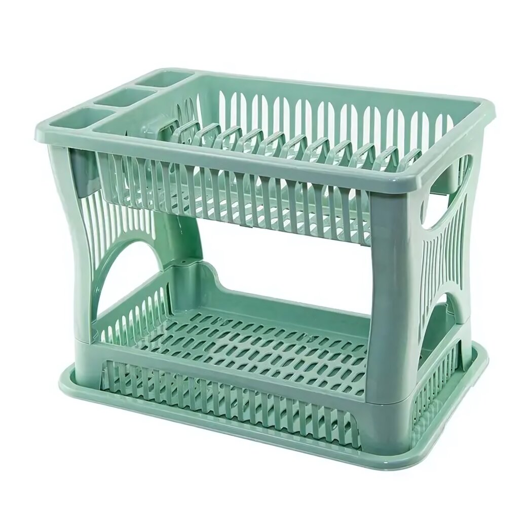 Сушилка для посуды 2-х ярусная, пластиковая, цвет фисташковый, с подставкой для тарелок и решеткой для воды