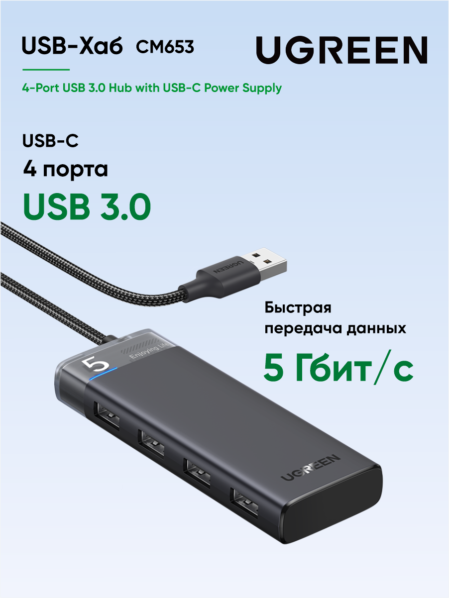 Хаб UGREEN CM653 (15548) кардридер с подключением USB 3.0 4-Port USB-A Hub. Цвет: черный