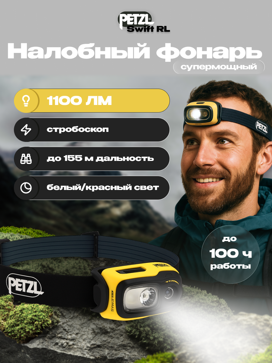 Налобный фонарь Petzl Swift RL, черный/желтый