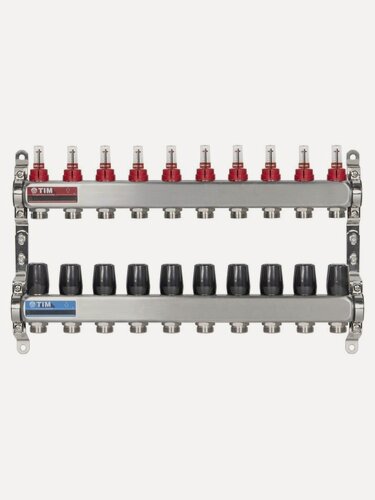 Изображение товара Коллекторная группа 10 контуров с расходомерами 1" * 3/4" E, нерж. сталь, TIM, KDS5010