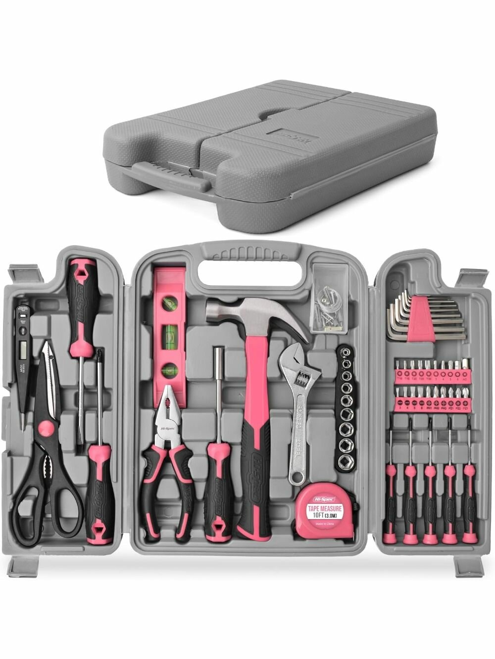 Розовый набор инструментов для дома состоящий из 54 предметов - это незаменимый женский набор для домашнего ремонта который включает в себя футляр для хранения вещей в квартире гараже и офисе.