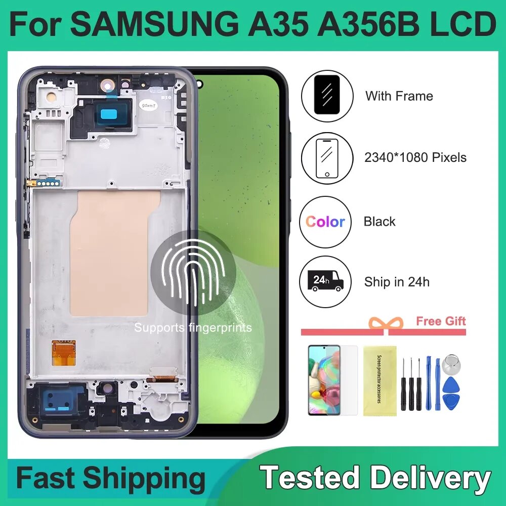 AMOLED для Samsung A35 5G ЖК-дисплей с цифровым преобразователем сенсорного экрана для Samsung A35 A356B A356E/DS A356B/DS SM-A356U ЖК-дисплей с рамкой, Blue With Frame