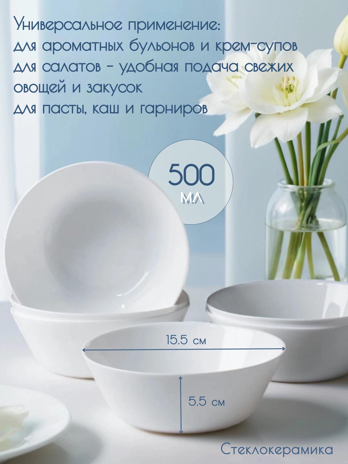 Набор суповых тарелок "Евро" 500 мл - 6 штук, для обедов, можно мыть в посудомоечной машине — фото 1