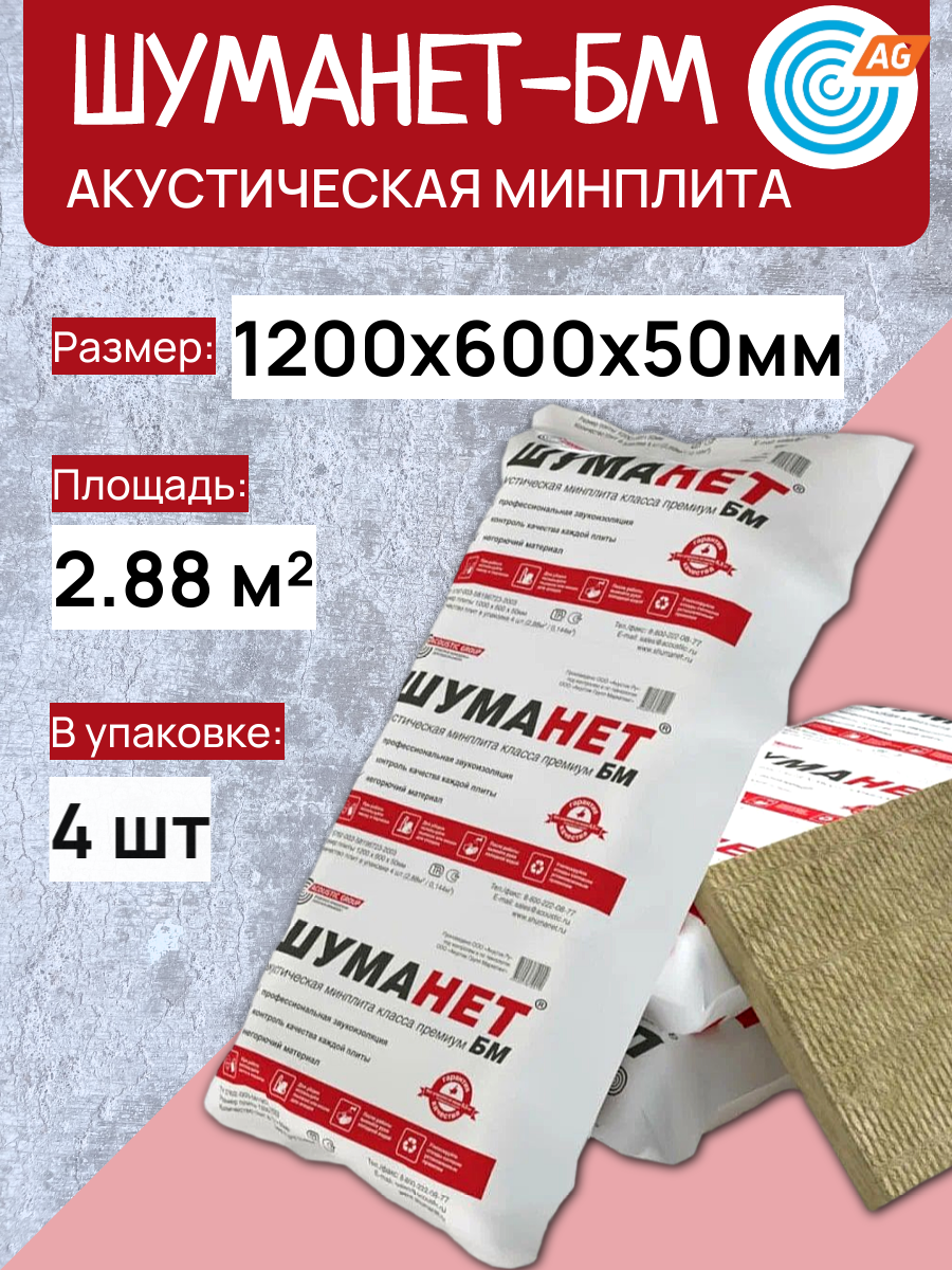 Шуманет-БМ минплита НГ 1200х600х50 мм в упаковке 4шт. 288м2