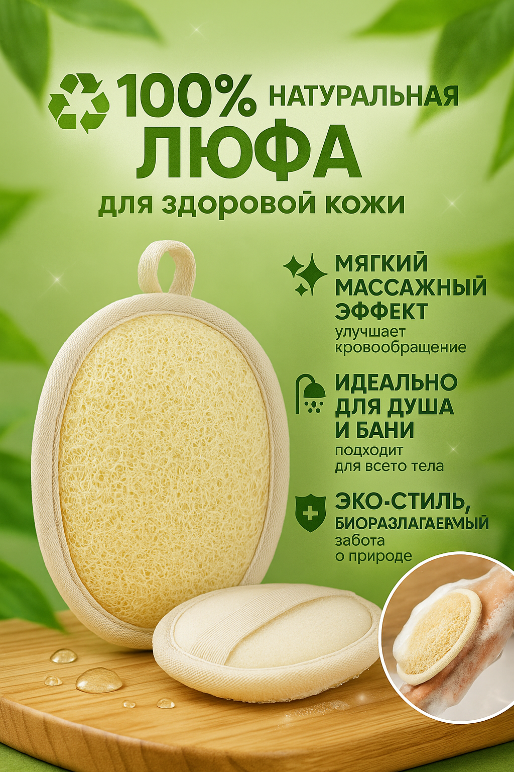 Мочалка из натуральной люфы для ухода тела, лица и глубокого очищения