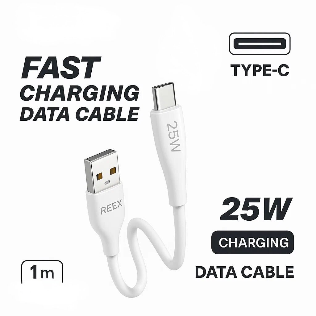 Кабель REEX RX-01T, Type-C, для быстрой зарядки, 25Вт, 1м, белый